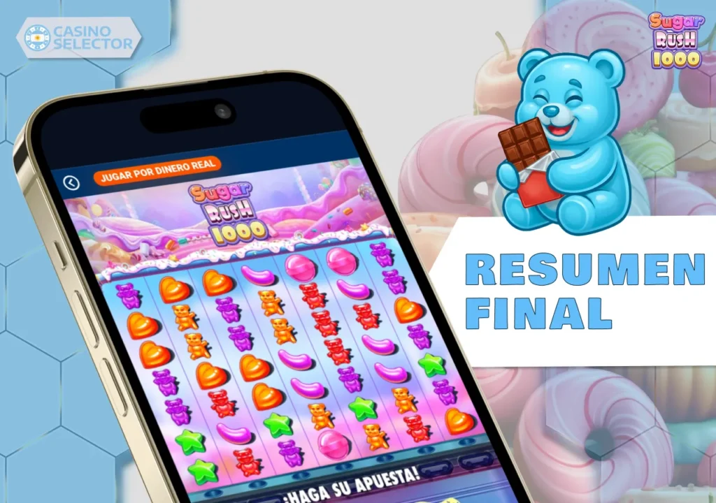 Resumen de Sugar Rush 1000 con descripción de la mecánica, bonos y características de la tragamonedas.
