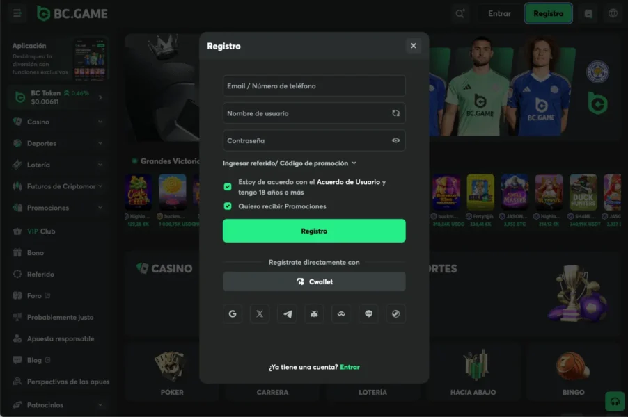 bcgame screen sign up